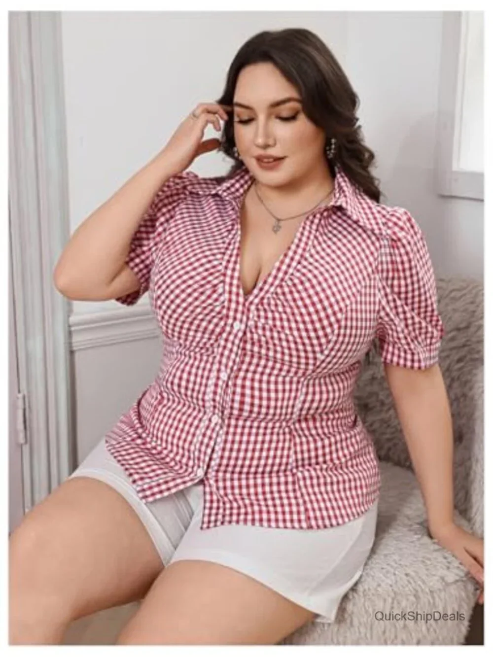 Plus Size Puff Sleeve Gingham Plaid Button Down Ruched Y2K Blouse Crop Top